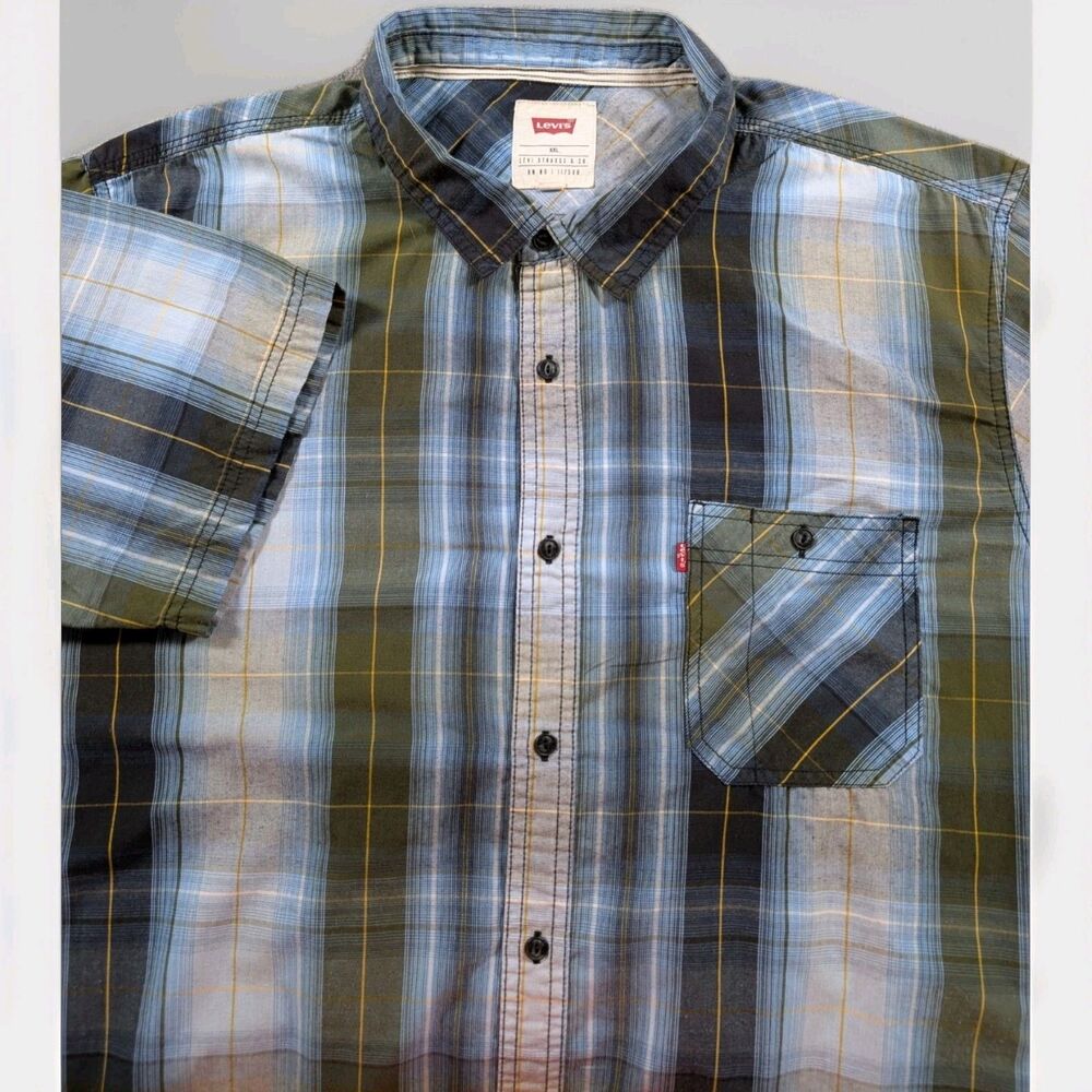Levis Button Up Shirt Mens XXL Blue Plaid Short Sleeve Pocket Preppy Casual